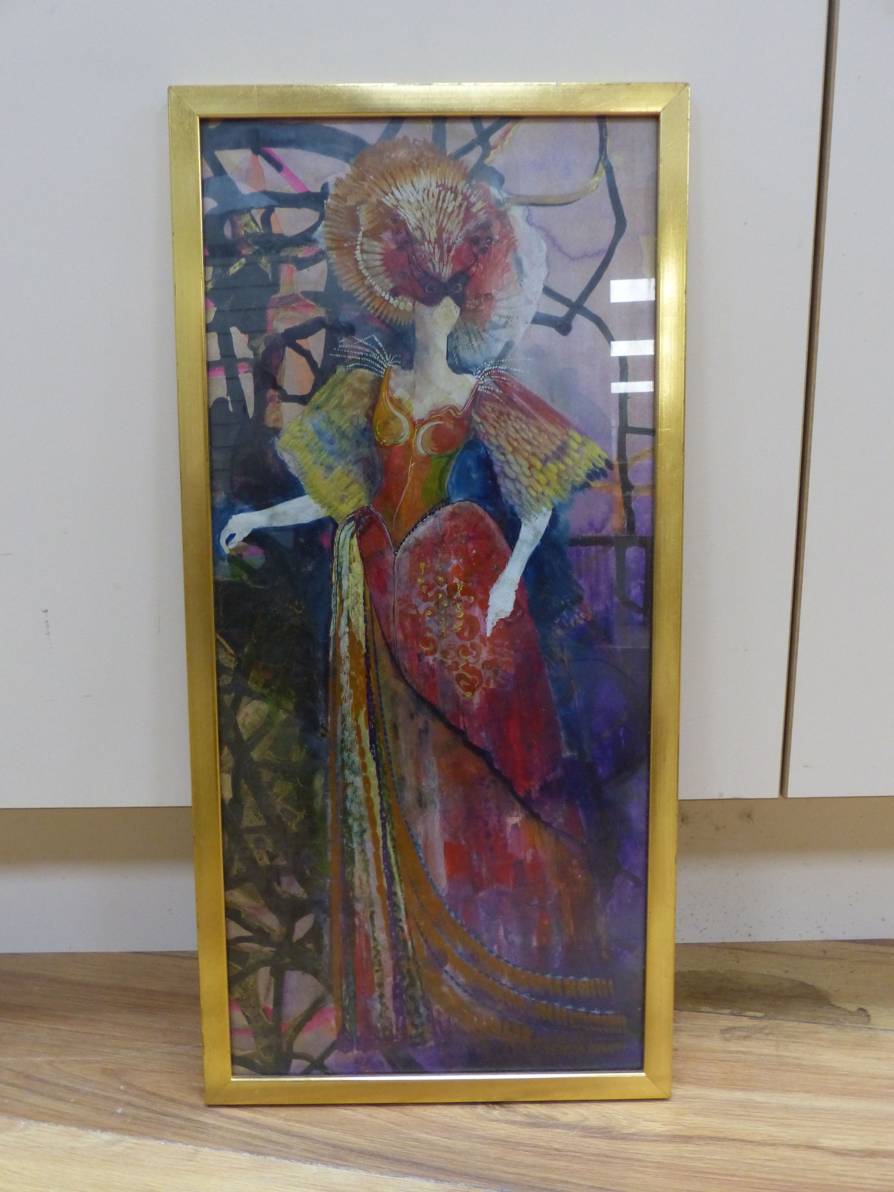 Modern British, mixed media, Woman at a masked ball, 49 x 22cm